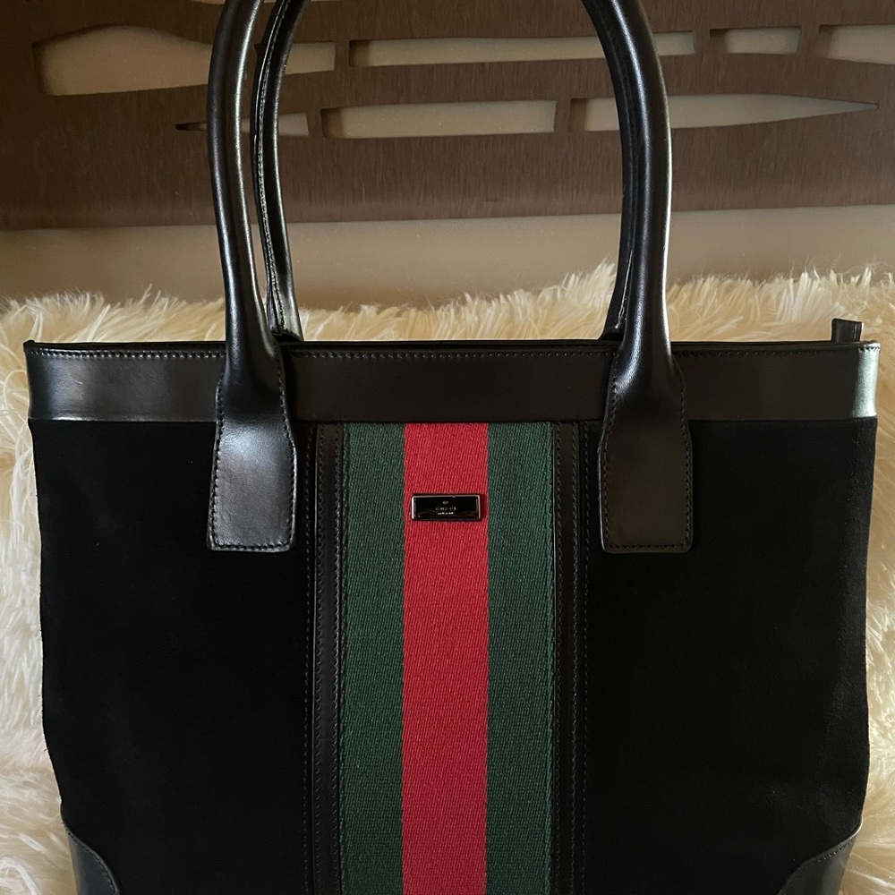 Vintage Gucci Sherry Black Suede Web Tote Handbag